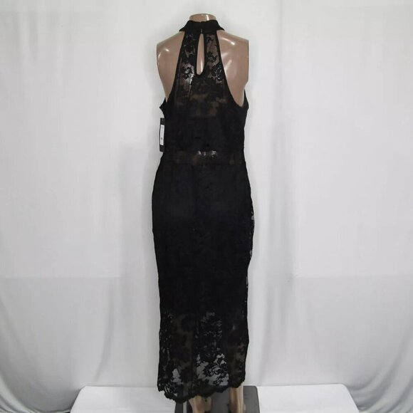 NEW BEBE Women's Midi Dress Black Marseille Lace Mock Neck Illusion Size L - Picture 6 of 10